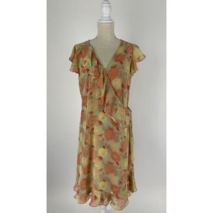 Apostrophe Women's Wrap Dress Floral w/ Ruffle Butterfly Sleeves Yellow Size 14